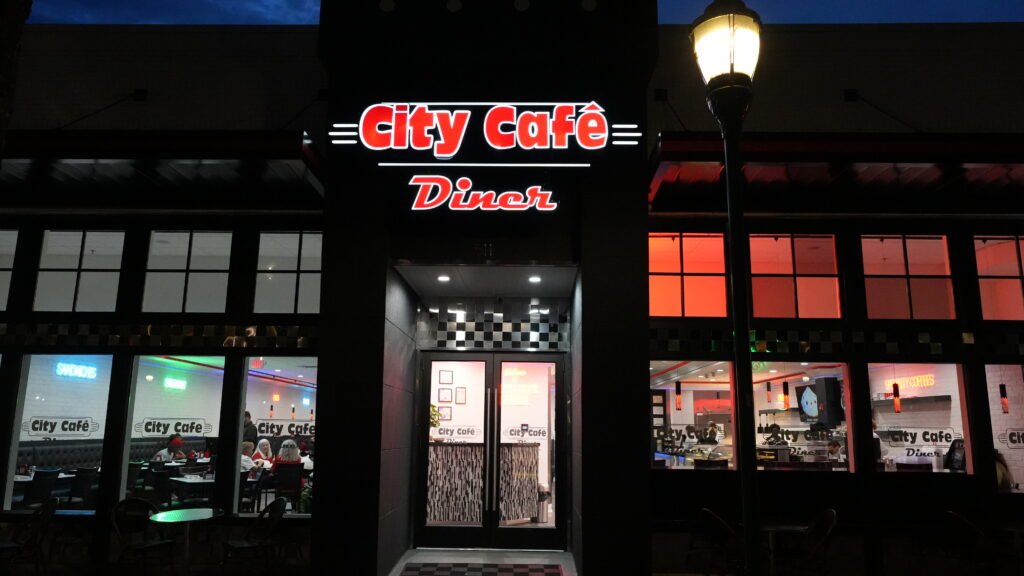 Exterior view of City Café Diner lit up at night, a popular Lee Highway Chattanooga restaurant.