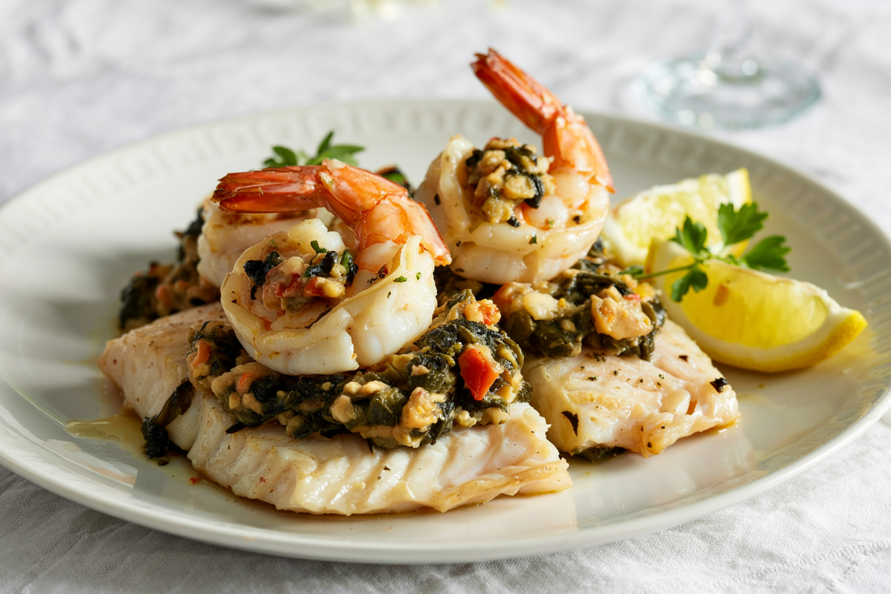 A beautifully plated dish featuring shrimp atop a bed of seasoned fish and spinach, garnished with lemon and parsley, showcasing the flavors of restaurants downtown Chattanooga.