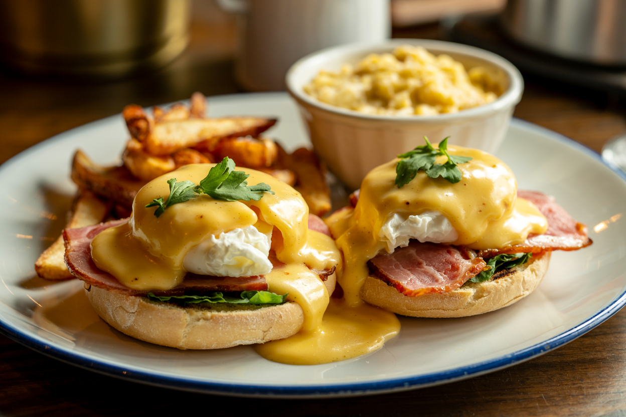 Delicious eggs Benedict topped with hollandaise sauce, served with crispy fries and creamy macaroni, showcasing a meal from restaurants in downtown Chattanooga.
