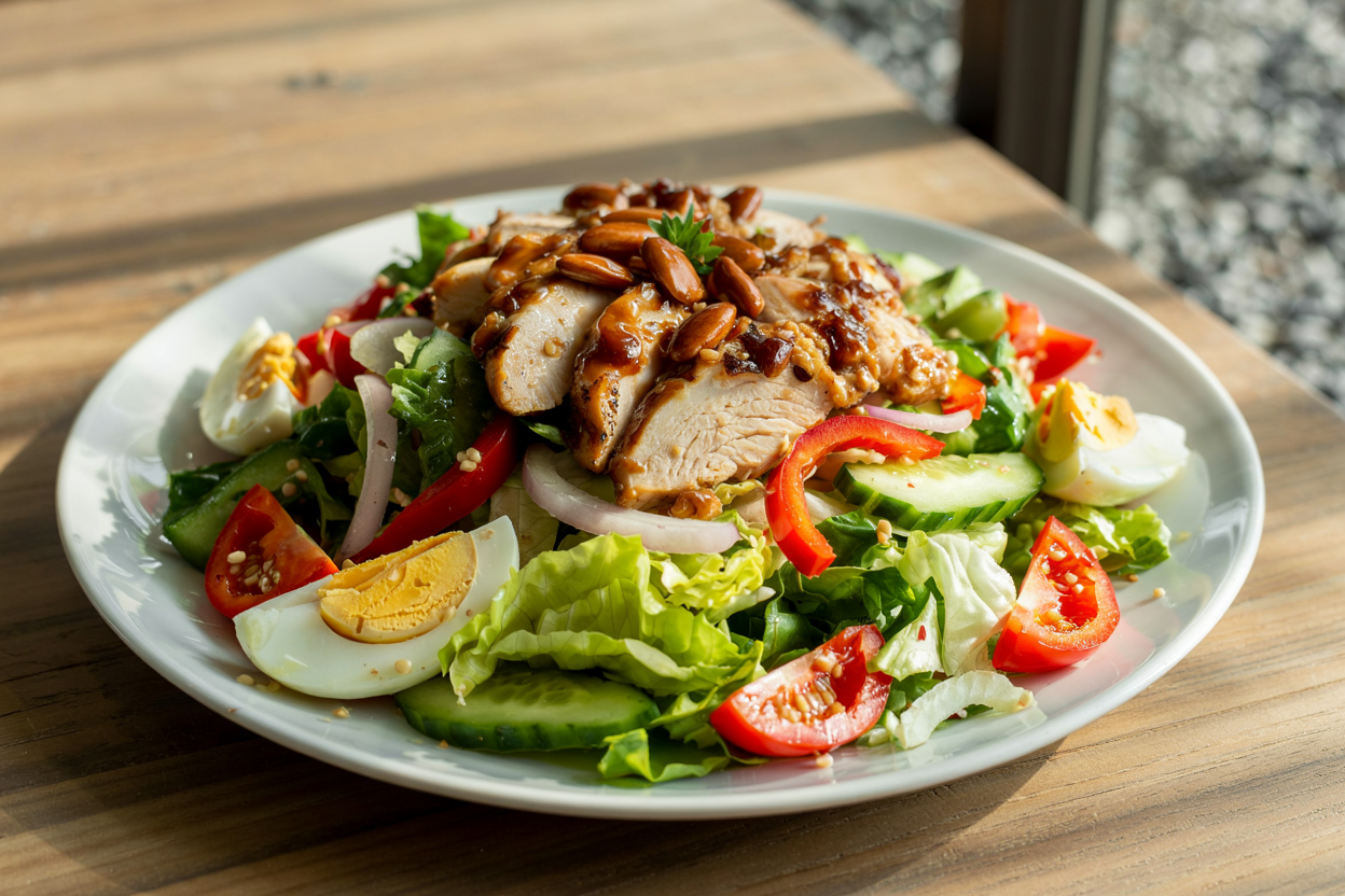 A colorful salad featuring grilled chicken, sliced eggs, fresh vegetables, and a drizzle of sauce, served on a white plate against a wooden table background. Perfect for restaurants downtown Chattanooga.
