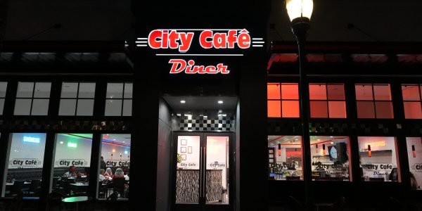 DSC00090 Exterior view of City Café Diner lit up at night, a popular Cleveland TN restaurant.